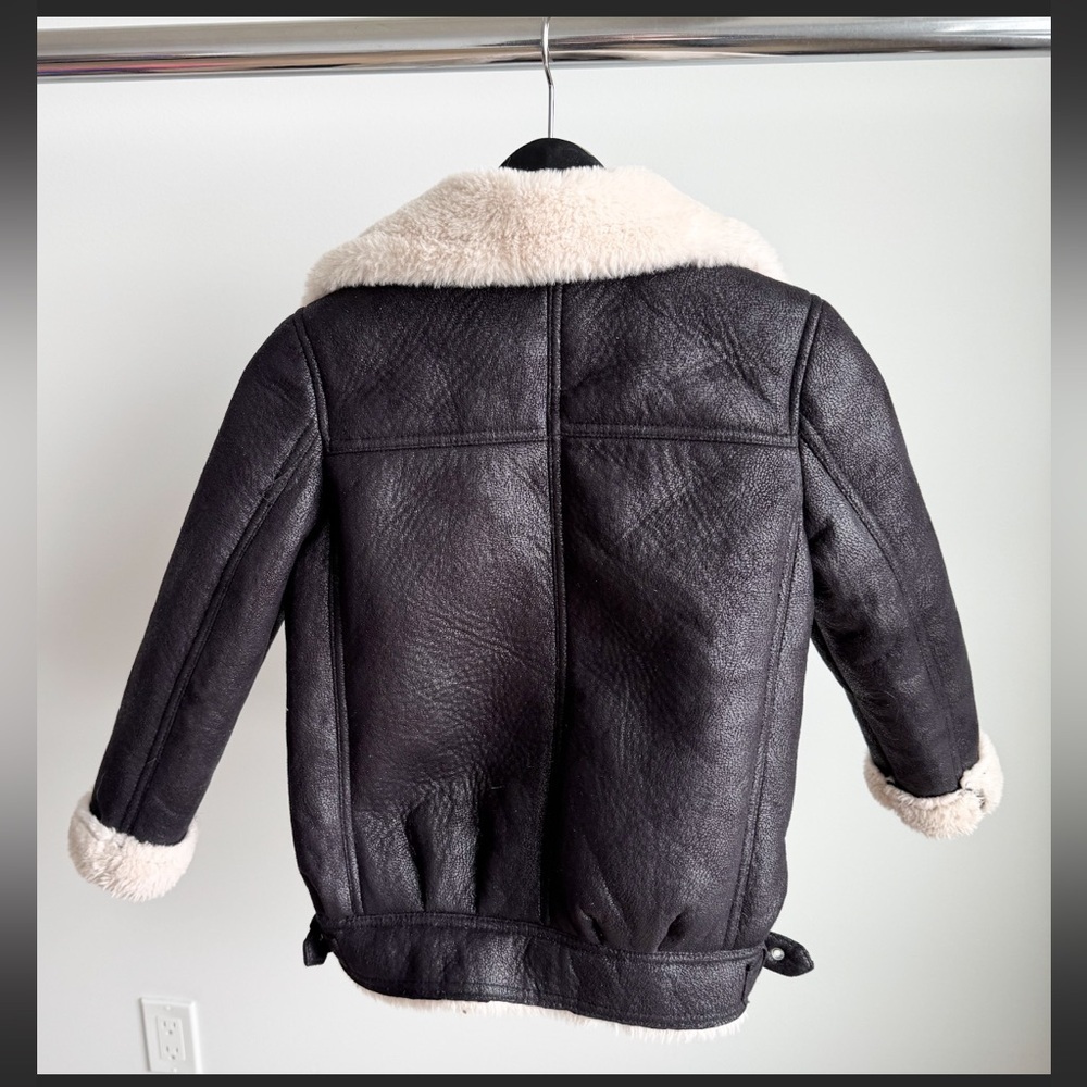 Zara Kids Black Faux Leather Aviator Moto Jacket Size 8 128cm Sherpa Lined - Picture 2 of 13